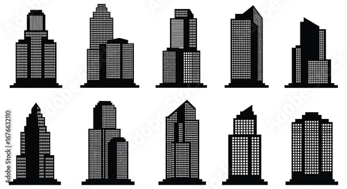 Collection of various city skyscrapers and high rise buildings in silhouette