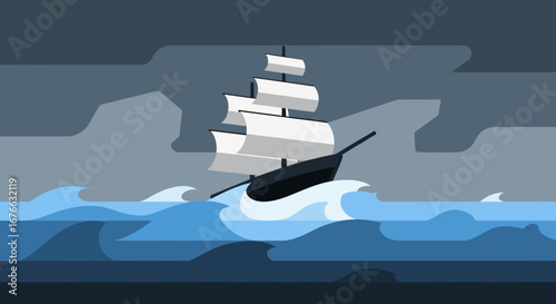 Sailing Ship Braving Stormy Seas in Minimalist Design