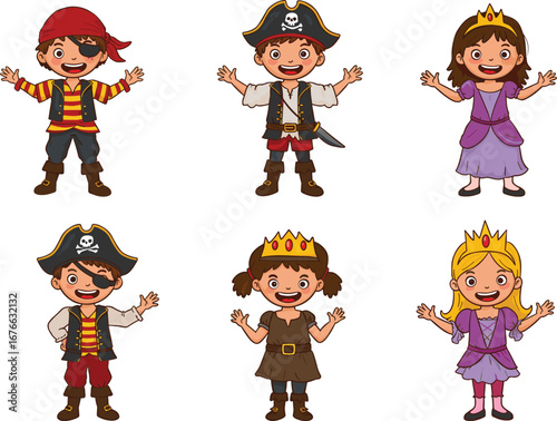 Cute kids dressed as pirates and princesses, cartoon style, vector illustration for children theme, costume party, fantasy characters