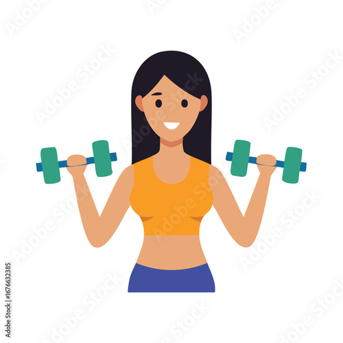 Woman lifting weights with teal dumbbells vector