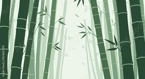 Serene bamboo forest illustration with varying shades of green and delicate leaves