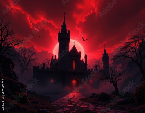 Wallpaper Mural haunted castle silhouetted against red sunset, long shadows from towers stretching across the courtyard, mist curling around the walls, atmosphere filled with mystery and dread Torontodigital.ca