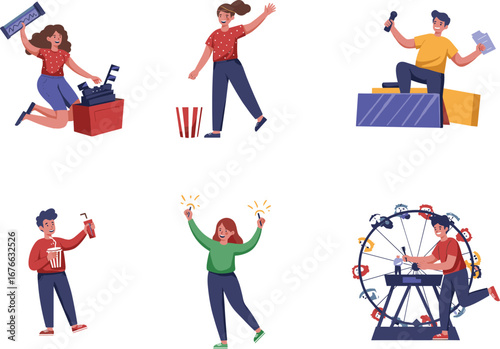 A diverse set of happy cartoon people at a funfair, enjoying carnival attractions, food, and festival entertainment, isolated flat vector characters