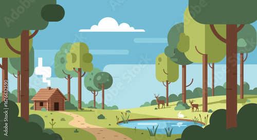 Serene Forest Cabin Scene with Deer and Pond