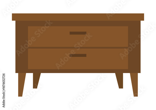 Brown wooden nightstand with two drawers and tapered legs. Furniture design element for home interior. Isolated object vector illustration.