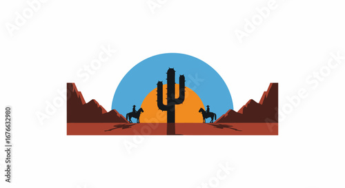 Silhouette Cowboys Ride Past Giant Cactus at Sunset in Desert Landscape