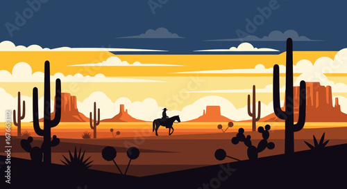 Silhouette of a Cowboy Riding a Horse Through a Desert Landscape at Sunset
