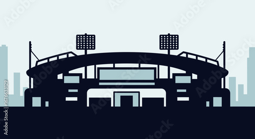 Silhouette of a Stadium with Floodlights and City Skyline in the Background