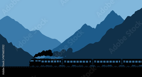 Silhouette of a Steam Train Traveling Through Mountainous Landscape.