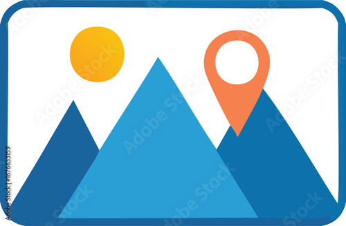 Blue mountains with orange sun and location marker landscape