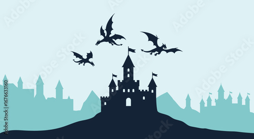 Silhouette of Dragons Flying Over a Medieval Castle on a Hill