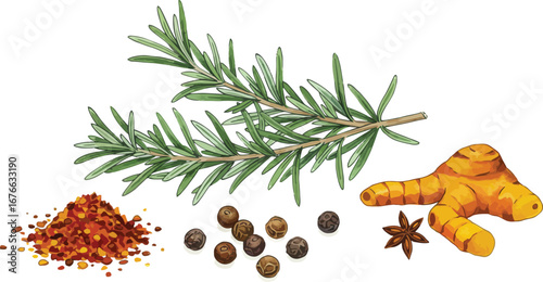 Herbs and spices including rosemary turmeric chili peppers and seeds on white on transparent background