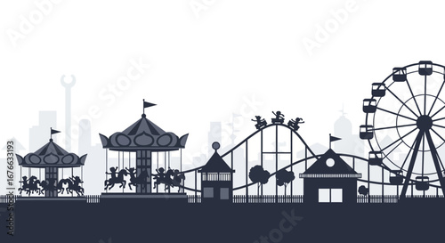 Silhouette of a vibrant amusement park featuring carousels, roller coaster, and Ferris wheel
