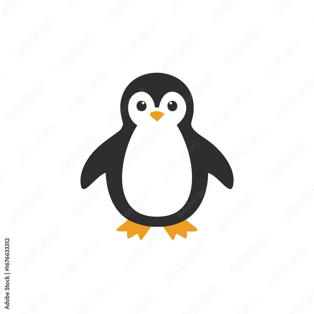 Fototapeta premium Cute cartoon penguin with orange feet and beak animal bird