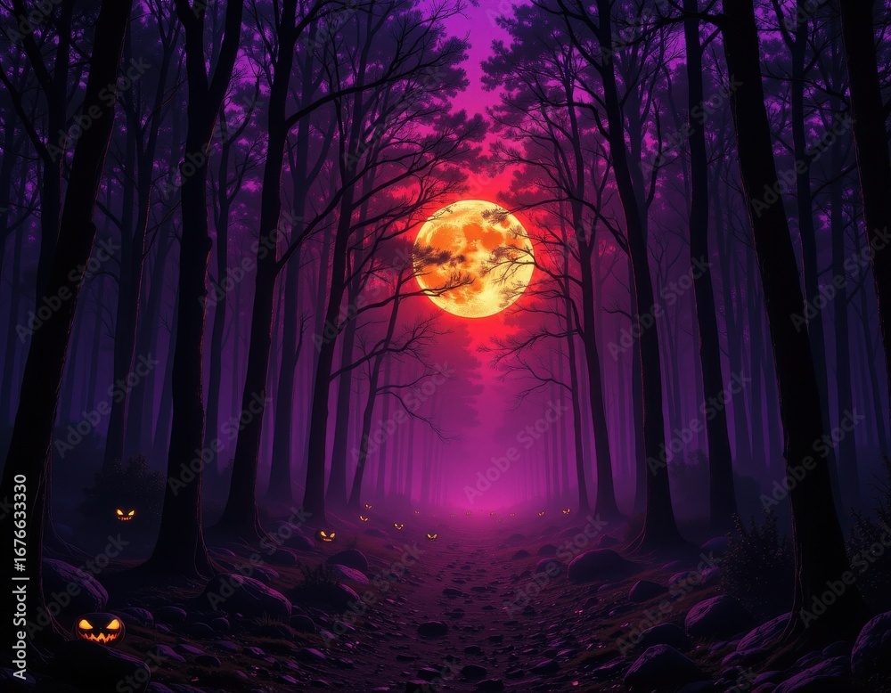 Fototapeta premium creepy forest path, orange moonlight through black trees, purple fog, glowing green eyes hiding in shadows, eerie cinematic perspective, halloween horror aesthetic.