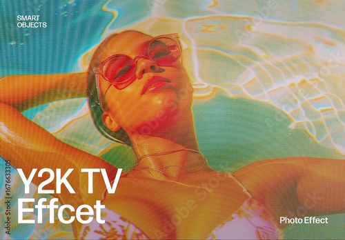 Y2K CRT TV Photo Effect with RGB Pixel Texture, Vaporwave Style Retro Summer Aesthetic Photo Effect