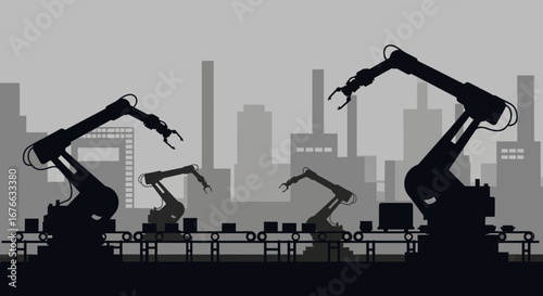 Silhouetted Robotic Arms Working in a Modern Industrial Factory Setting