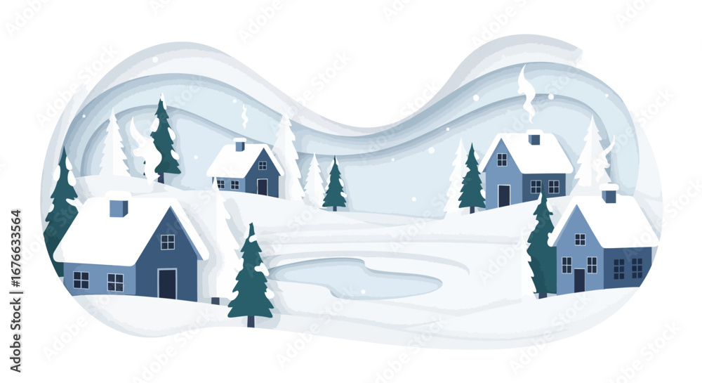 Fototapeta premium Snowy Village Scene with Blue Houses and Evergreen Trees in Winter