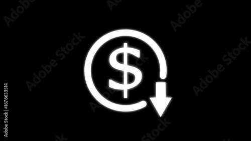 Money reduction icon. Dollar currency price drop concept. circle with down arrow moving animation. dollar down icon symbol. Money reduction icon. circle with down arrow moving animation.