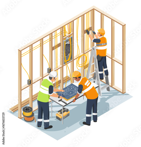 Professional electrical team installing power cables and planning wiring layout inside a new residential house under construction isometric cartoon