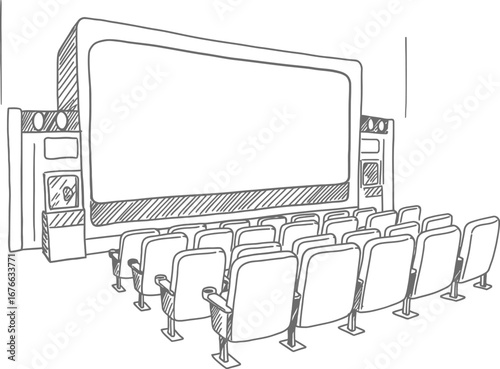A large screen with rows of chairs in a conference or presentation setting on transparent background