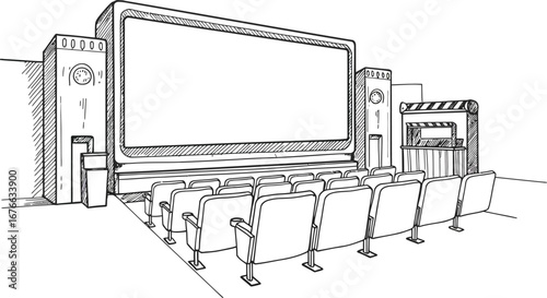 A large screen television with speakers and a row of empty chairs in front on transparent background