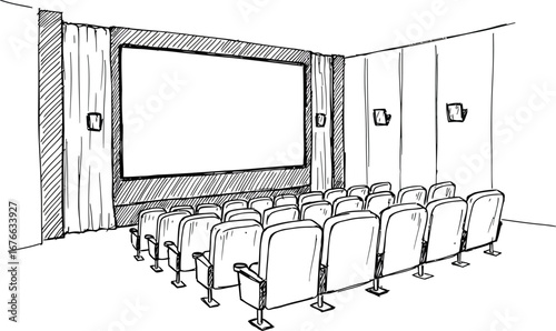 A sketch of a movie theater with rows of chairs and a large screen on transparent background