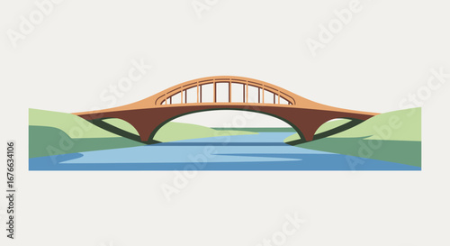 Stylized Arch Bridge over River with Green Hills Illustration