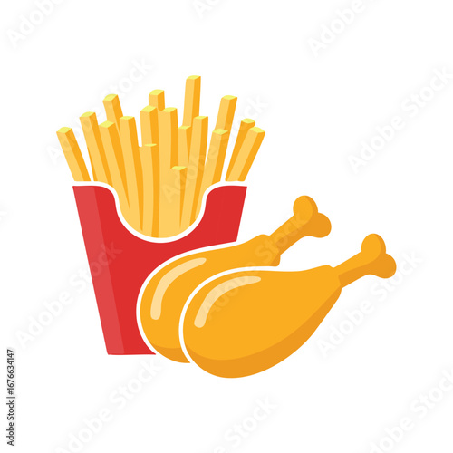 Golden fried chicken legs and french fries in red container fast food junk food