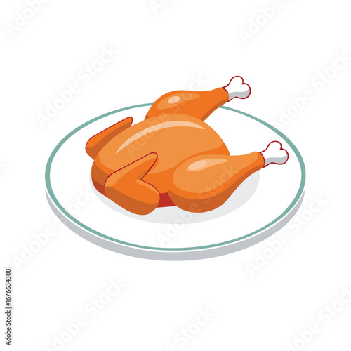 Golden roasted chicken on a white plate with blue trim whole chicken poultry