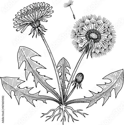 A detailed illustration of dandelion flowers and leaves in a botanical style on transparent background
