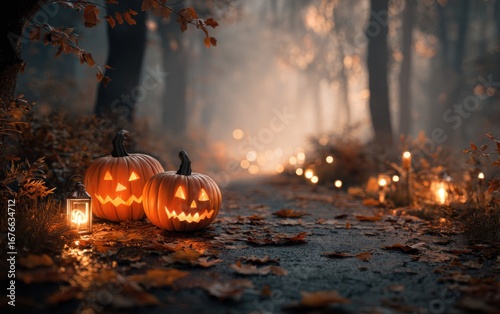 A Spooky Halloween Night: Illuminated Jack-o'-lanterns in a Foggy Forest Pathway Surrounded by Autumn Leaves and Soft Lantern Light