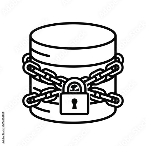 Secure Data: The image is a visual metaphor for security featuring a cylindrical object bound tightly with chains and a prominent padlock, symbolizing protection and control of sensitive data.