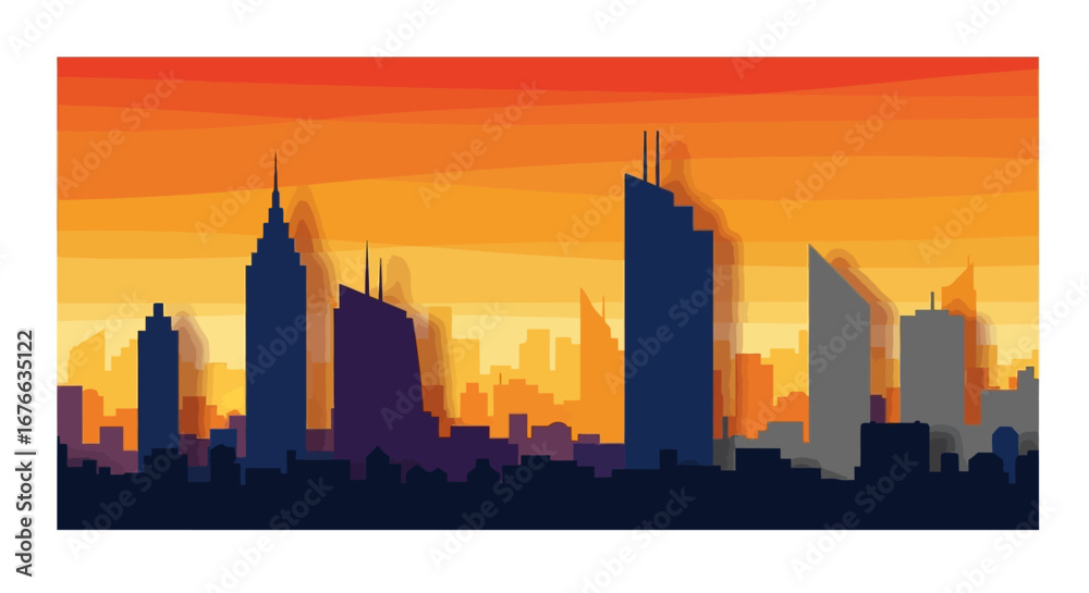Fototapeta premium Stylized Cityscape Silhouette with Warm Sunset Hues and Layered Textural Effects