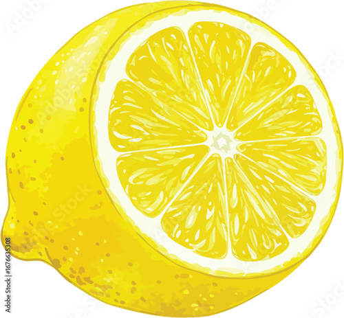A vibrant yellow lemon slice with visible pulp and peel texture on white background on transparent background