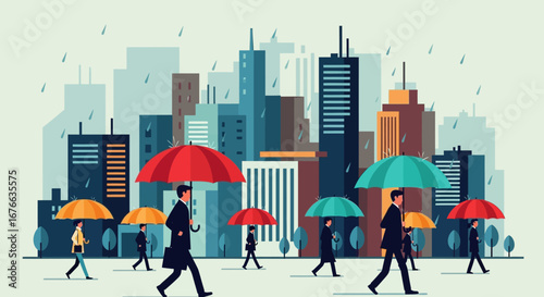 Stylized Cityscape with Pedestrians Under Colorful Umbrellas in the Rain
