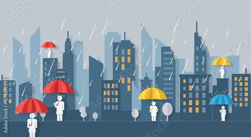 Stylized cityscape with silhouetted figures under colorful umbrellas in the rain