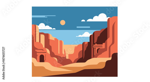 Stylized Desert Canyon Landscape with Ancient Carved Structures and Sunny Sky