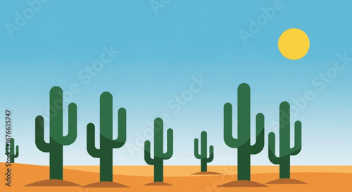 Stylized Desert Landscape with Saguaro Cacti and a Bright Yellow Sun