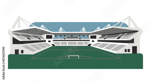 Stylized football stadium illustration with green field and geometric design
