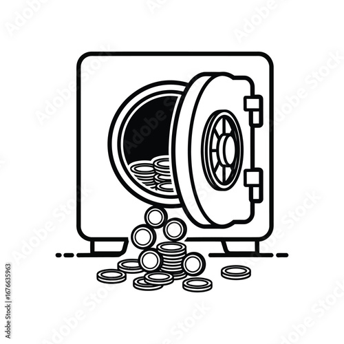 Secure Treasures Unveiled: The graphic depicts a safe's door wide open, revealing a cascade of gleaming coins. A secure vault overflows with valuable assets, symbolizing wealth and financial security.