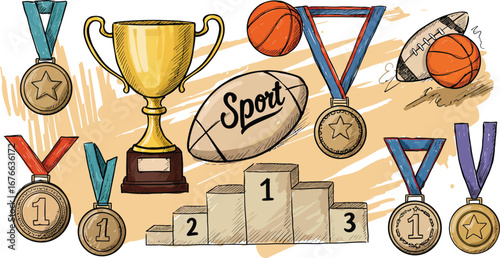 A collection of sports medals trophies and balls on a podium and background on transparent background