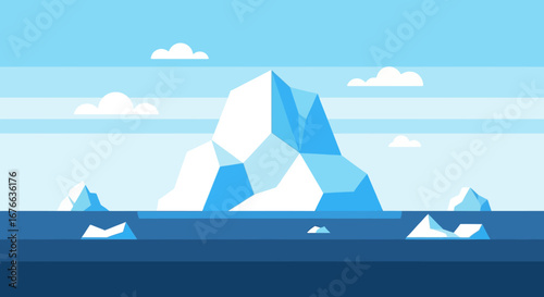 Stylized Iceberg Scene with Clouds and Ocean in Geometric Flat Design