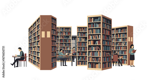Stylized library scene with readers and towering bookshelves filled with colorful books