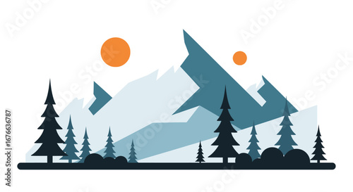 Stylized mountain range with evergreen trees and two orange suns