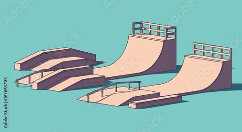 Stylized Skatepark Elements with Ramps, Rails, and Ledges in Isometric View