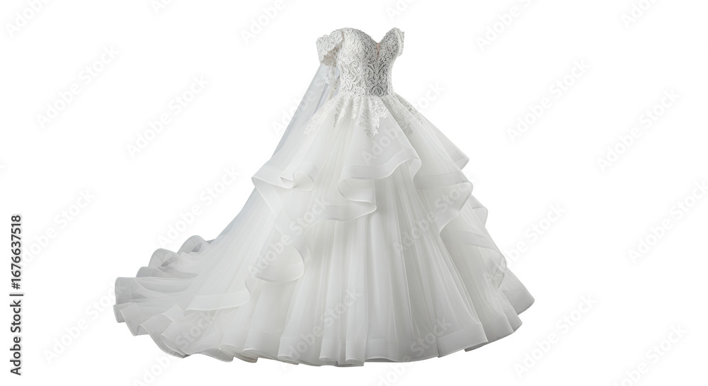 Obraz premium Elegant White Wedding Dress with Lace and Ruffles