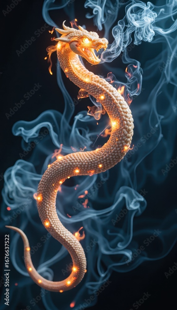 Fototapeta premium Mystical golden dragon emerging from wisps of blue smoke and light
