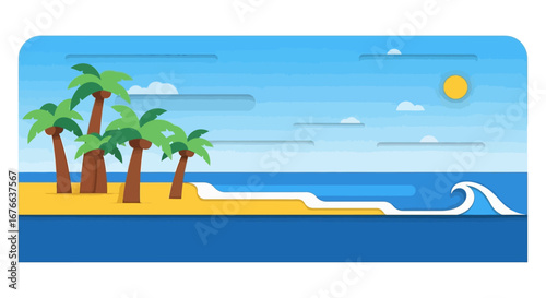 Stylized tropical beach scene with palm trees, ocean wave, and sunny sky