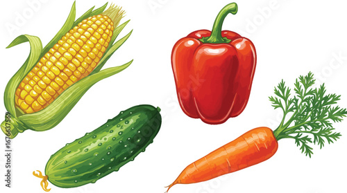 Fresh vegetables including corn pepper cucumber carrot and herbs on white background on transparent background